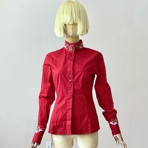 Nara Camicie Red Floral Embroidery Button Down Long Sleeves Shirt SZ 4